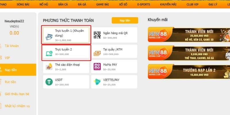 Nạp Tiền New88: Hướng Dẫn Cách Nạp Tiền Chính Xác 17 Bước 2: Chọn hình thức thanh toán trực tiếp qua ngân hàng tại Nạp tiền NEW88