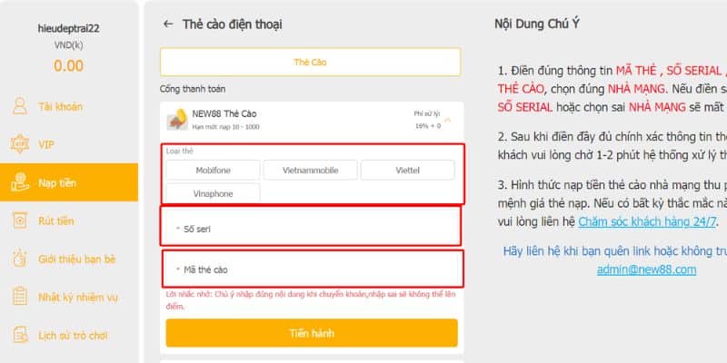 Nạp Tiền New88: Hướng Dẫn Cách Nạp Tiền Chính Xác 24 Nạp tiền New88 bằng thẻ cào